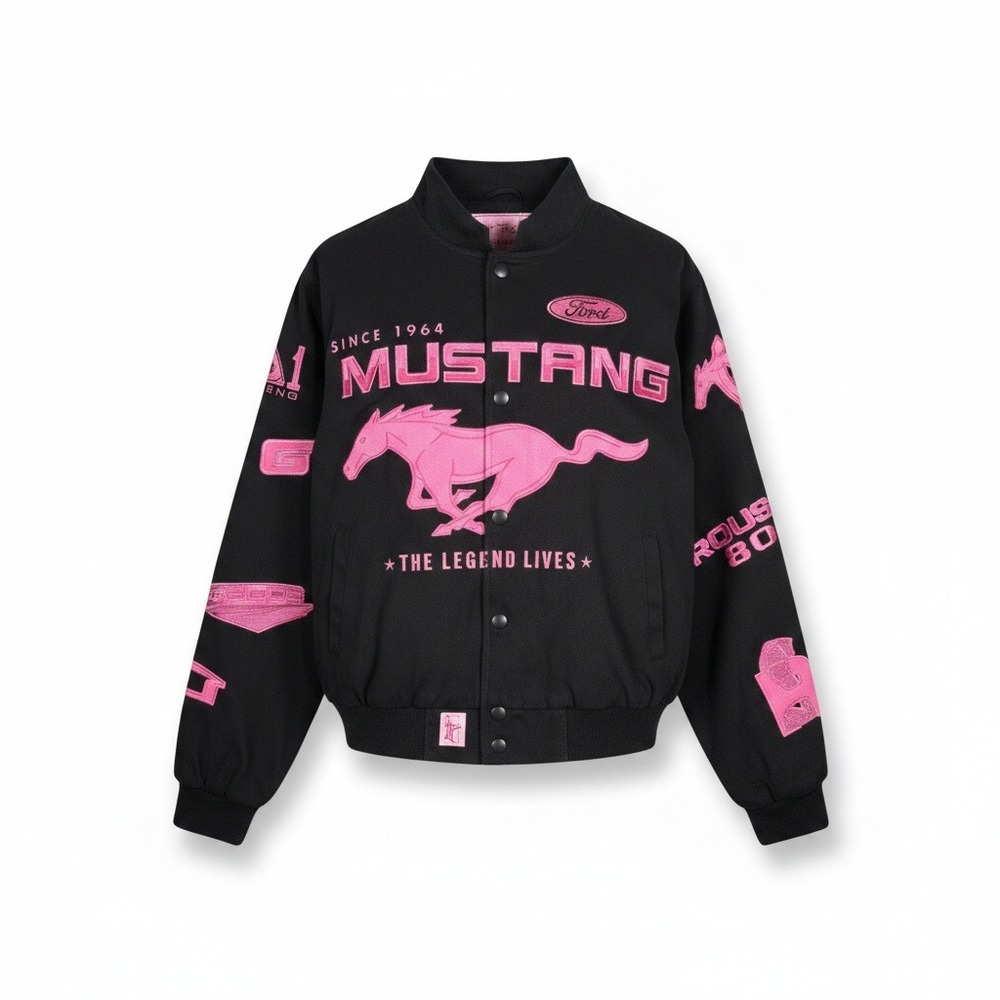 JH Design Ford Mustang Racing Jacket Black Pink Embroidered Women's Size 2XL